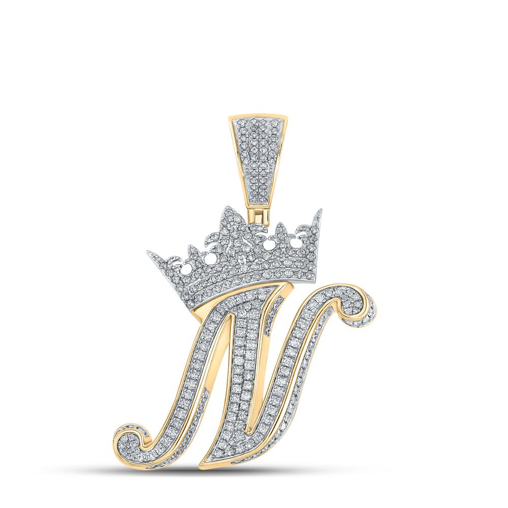 10kt Two-tone Gold Mens Round Diamond Crown N Letter Charm Pendant 1-3/8 Cttw