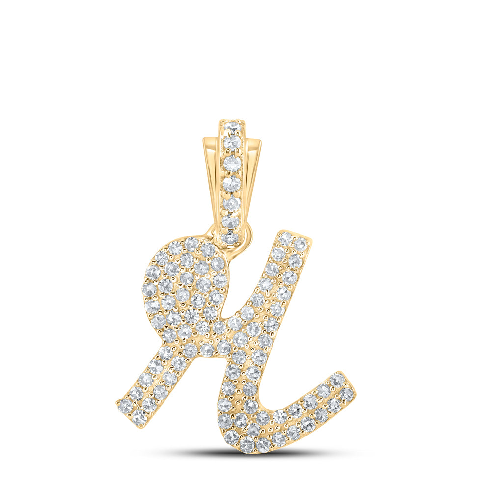 10kt Yellow Gold Womens Round Diamond R Cursive Initial Letter Pendant 3/8 Cttw