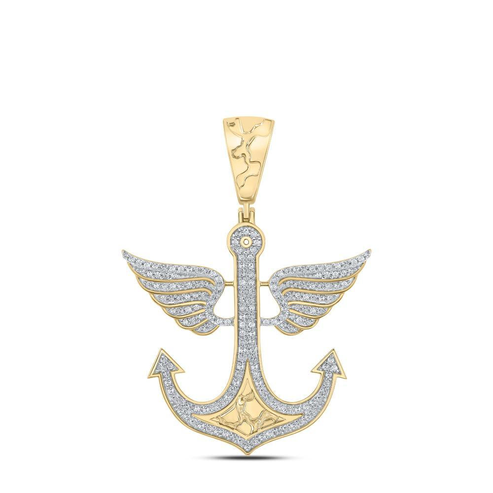 10kt Yellow Gold Mens Round Diamond Anchor Wing Charm Pendant 1/2 Cttw