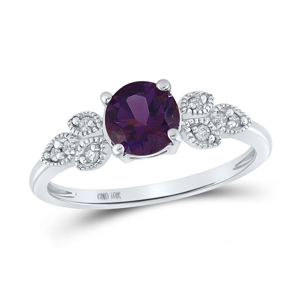 10kt White Gold Womens Round Lab-Created Amethyst Floral Solitaire Ring 7/8 Cttw