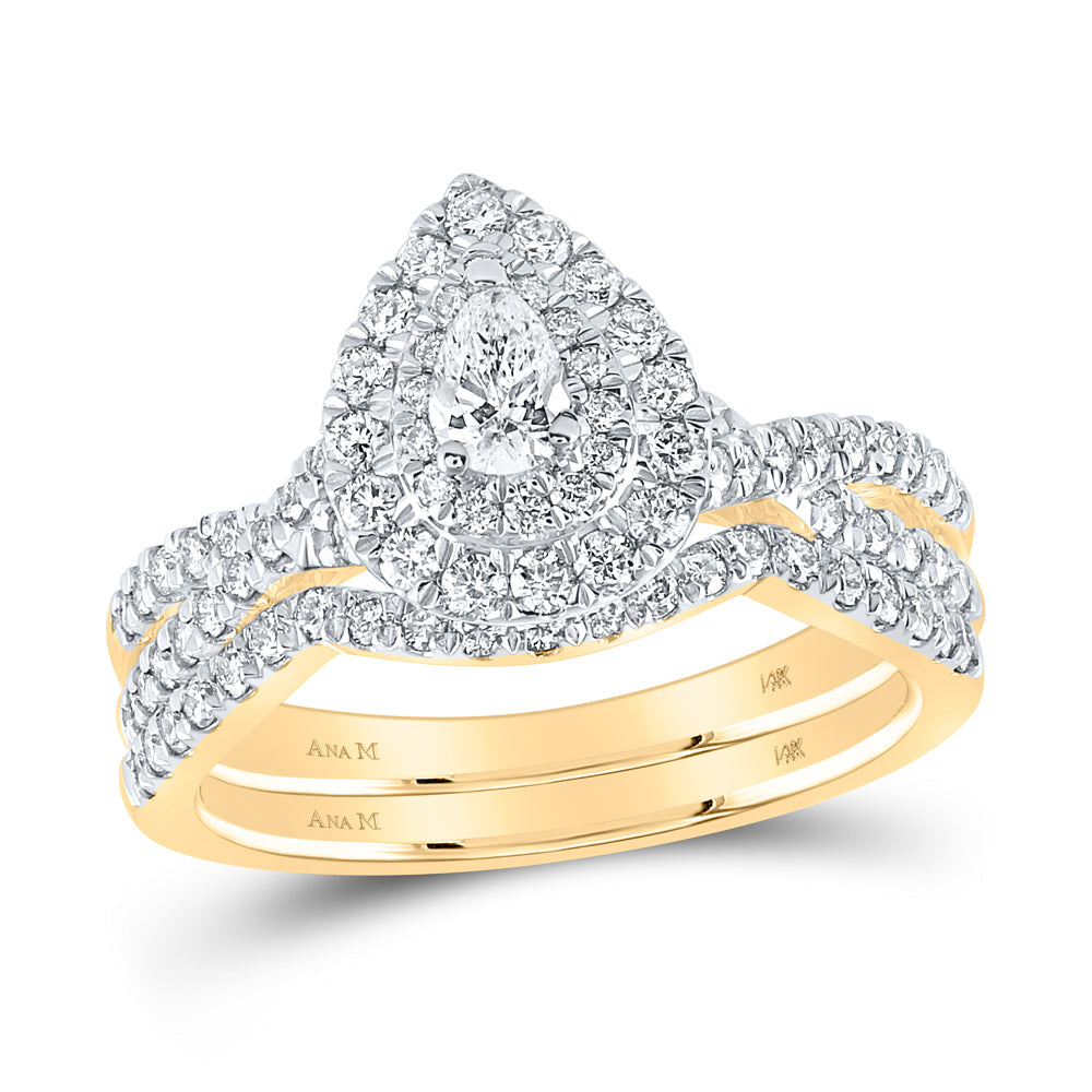 14kt Yellow Gold Pear Diamond Halo Bridal Wedding Ring Band Set 1 Cttw