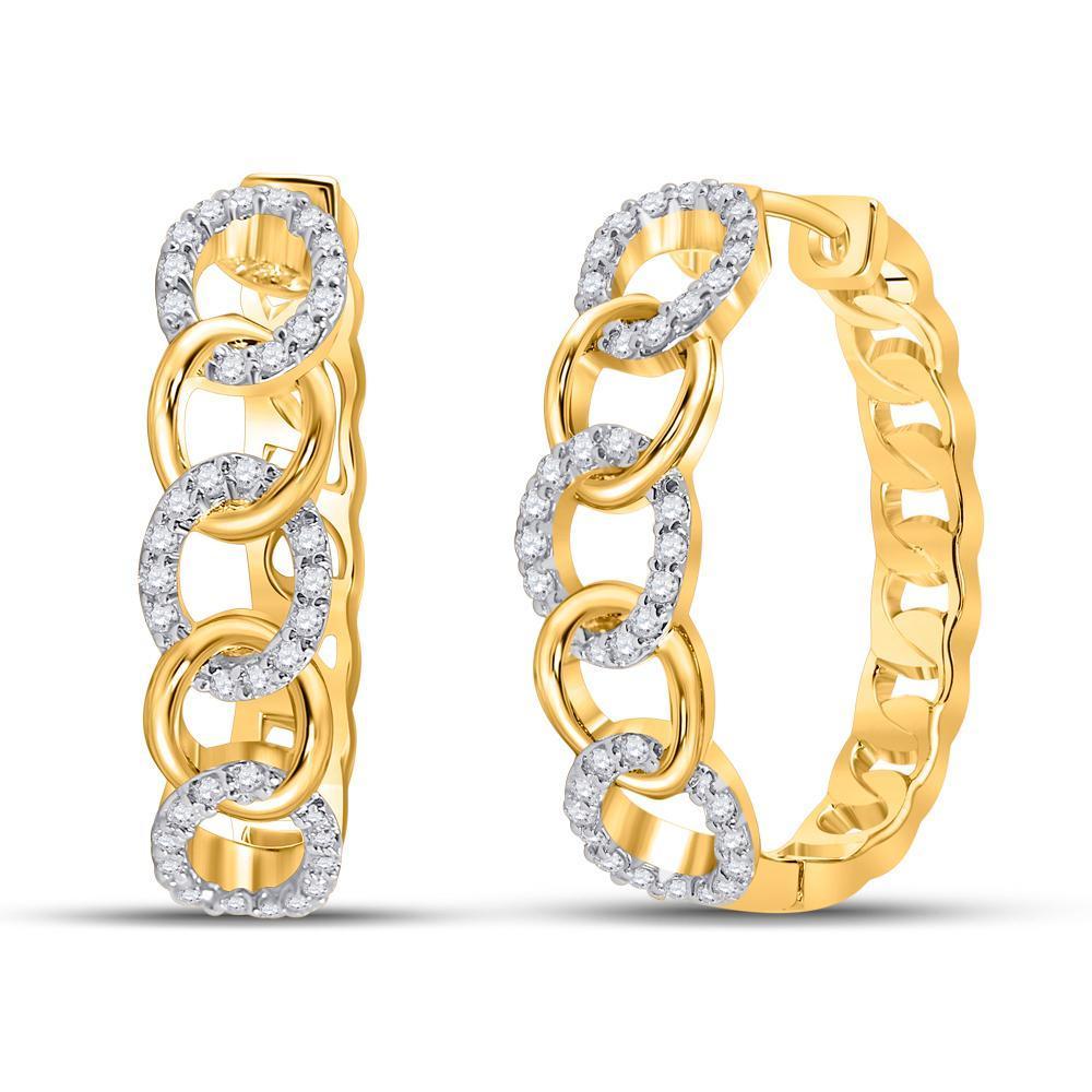 10kt Yellow Gold Womens Round Diamond Cuban Curb Link Hoop Earrings 1/5 Cttw