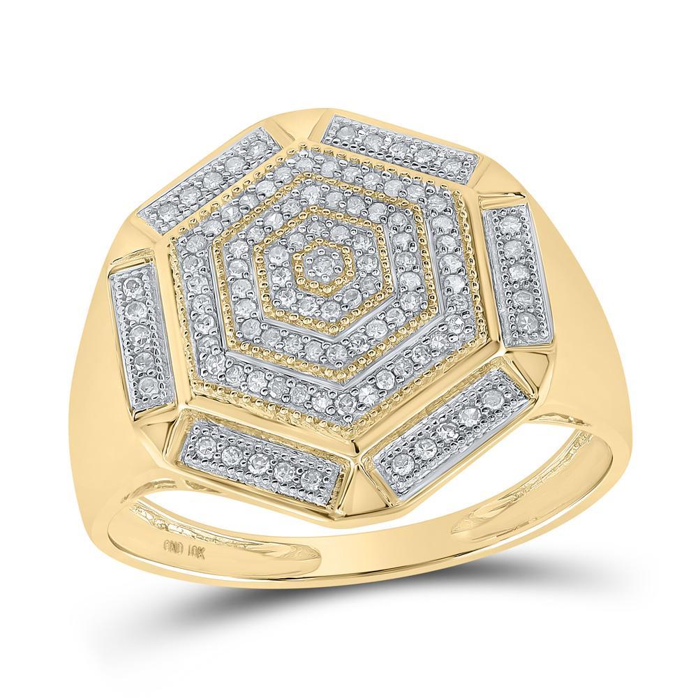 10kt Yellow Gold Mens Round Diamond Hexagon Cluster Ring 1/3 Cttw
