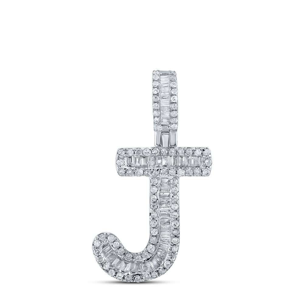 10kt White Gold Mens Baguette Diamond J Initial Letter Pendant 3/8 Cttw