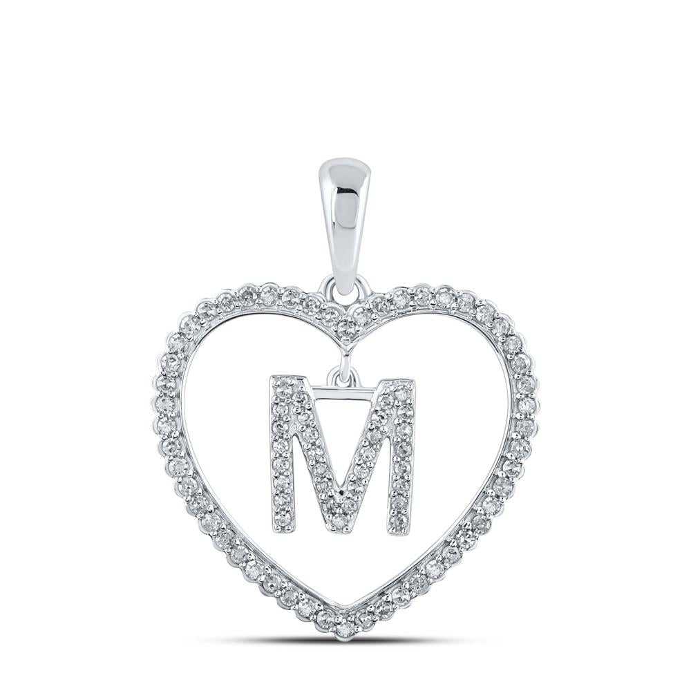 10kt White Gold Womens Round Diamond Heart M Letter Pendant 1/4 Cttw