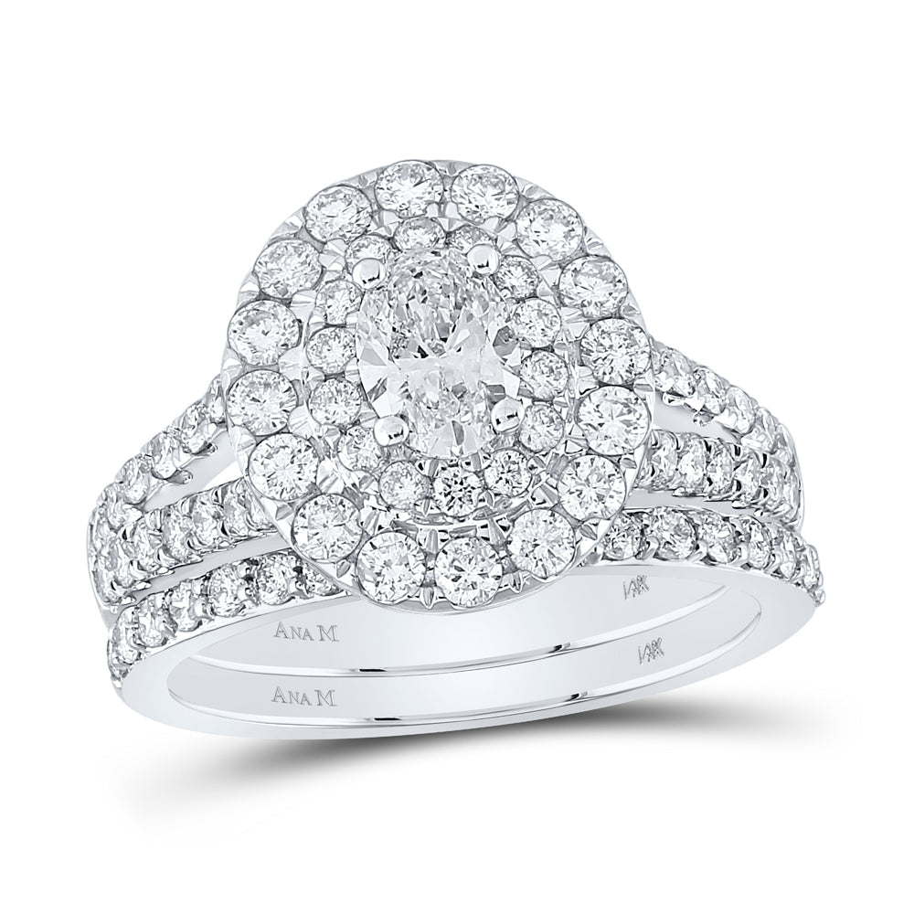 14kt White Gold Oval Diamond Halo Bridal Wedding Ring Band Set 2 Cttw