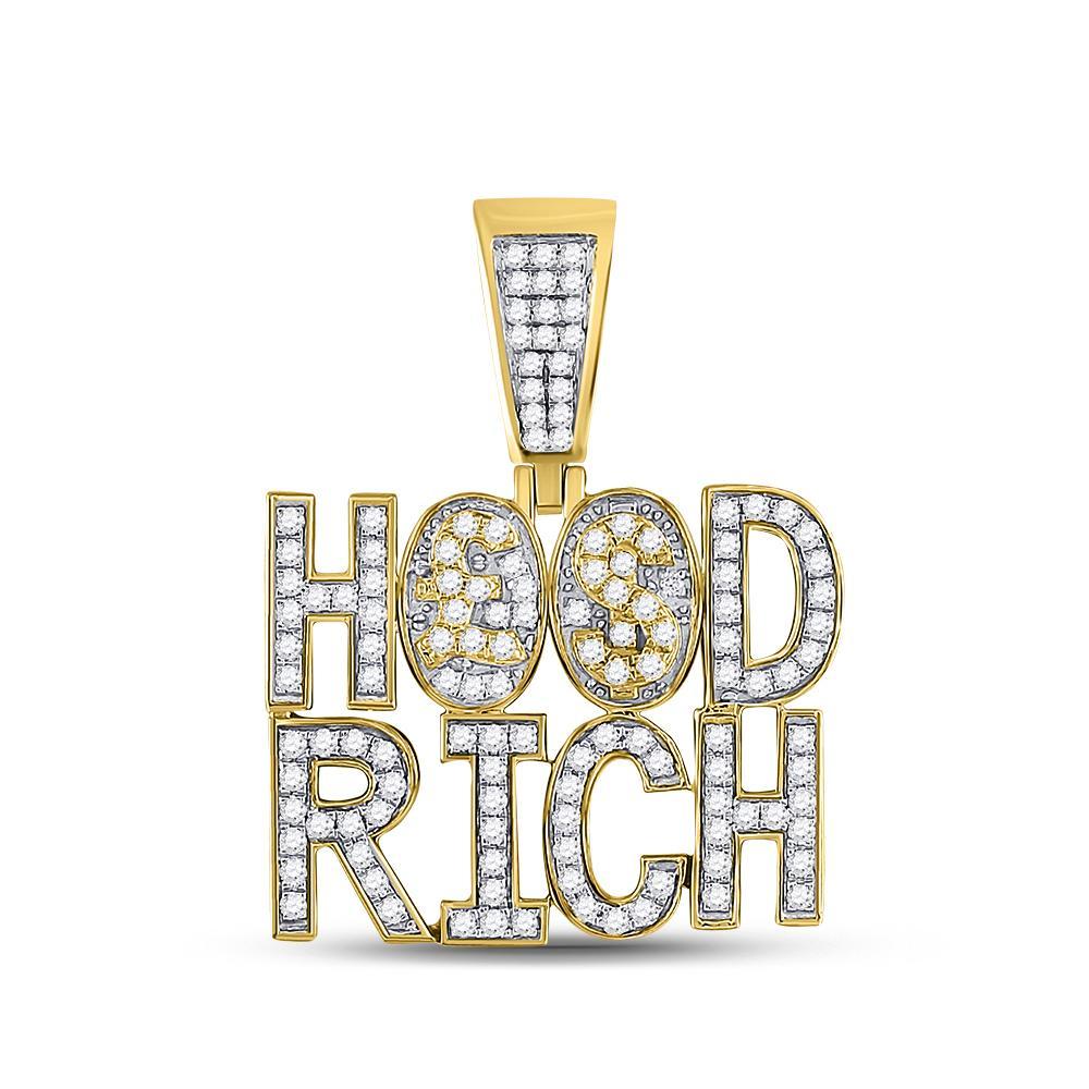 10kt Yellow Gold Mens Round Diamond Hood Rich Phrase Charm Pendant 1-3/4 Cttw