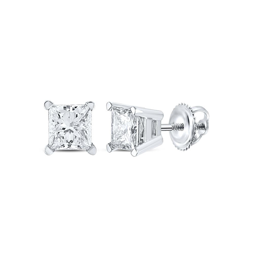 14kt White Gold Unisex Princess Diamond Solitaire Stud Earrings 1/2 Cttw