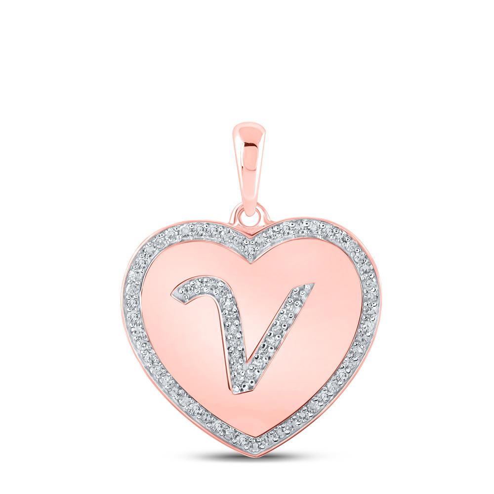 10kt Rose Gold Womens Round Diamond Heart V Letter Pendant 1/4 Cttw