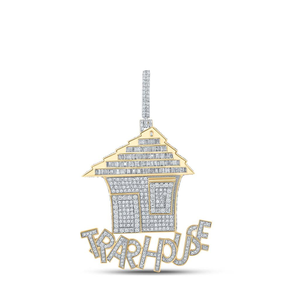 10kt Yellow Gold Mens Baguette Diamond Trap House Charm Pendant 4-5/8 Cttw