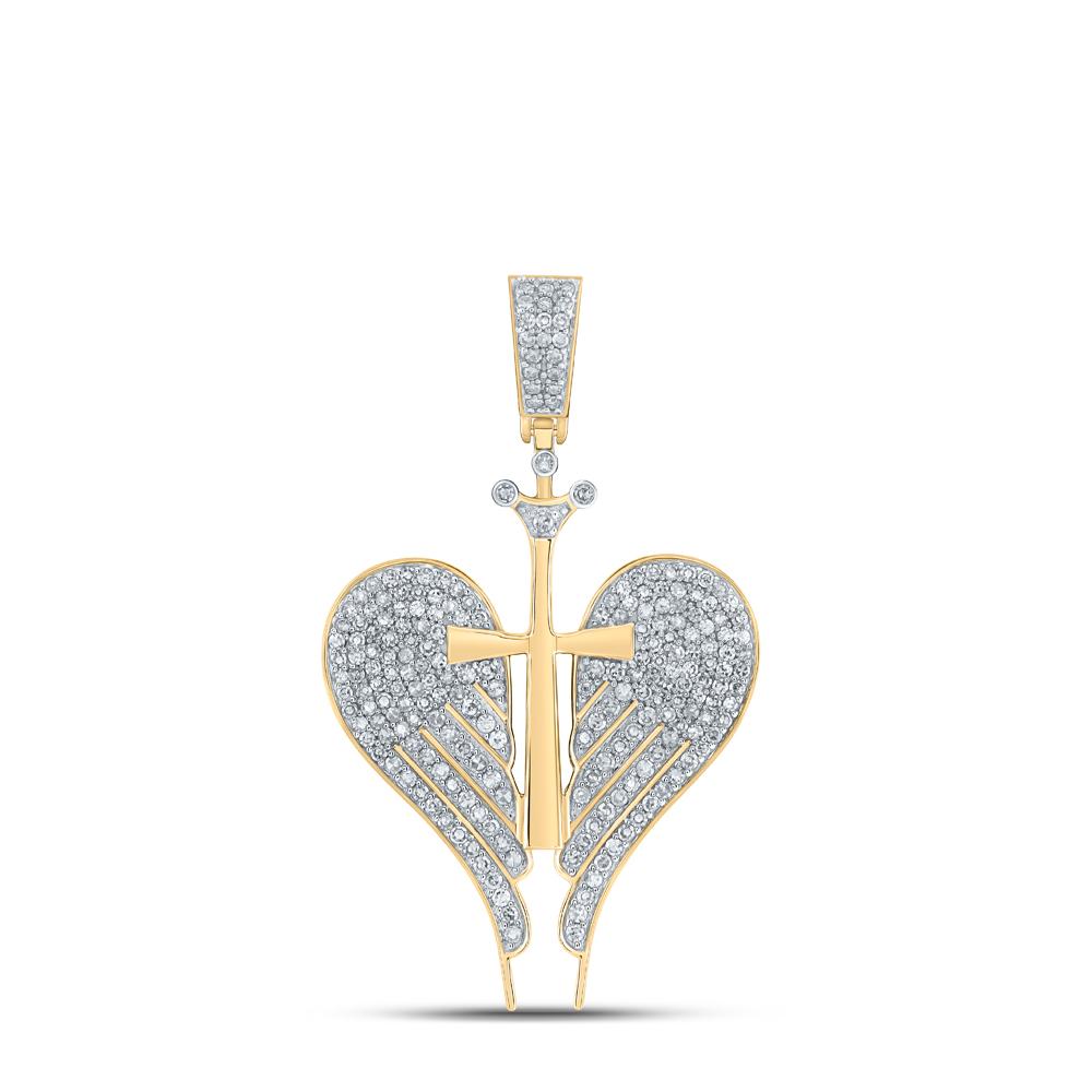 10kt Yellow Gold Womens Round Diamond Angel Cross Pendant 1 Cttw