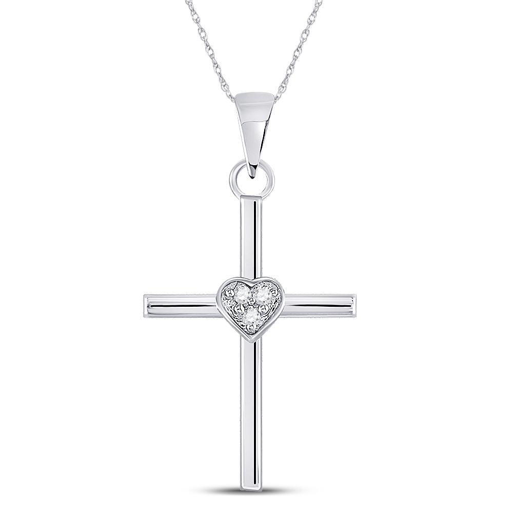 Sterling Silver Womens Round Diamond Heart Cross Pendant .03 Cttw
