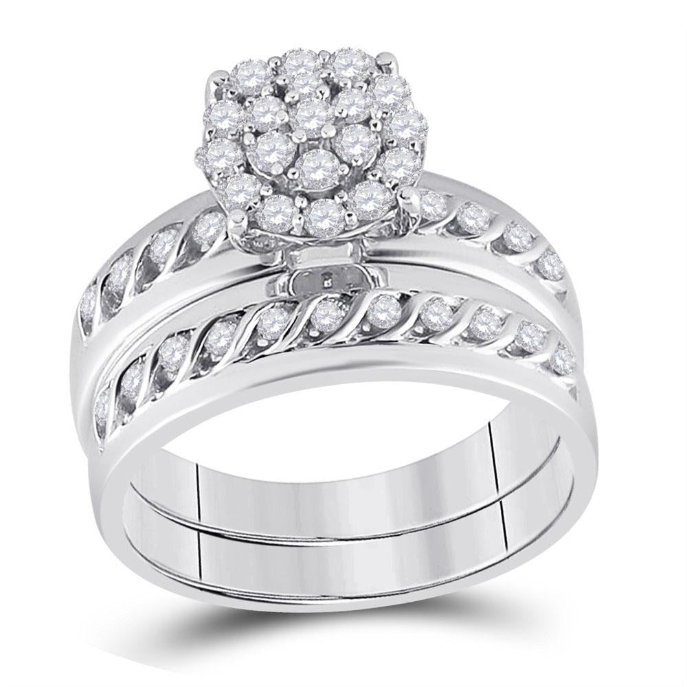 10kt White Gold His Hers Round Diamond Cluster Matching Wedding Set 3/4 Cttw