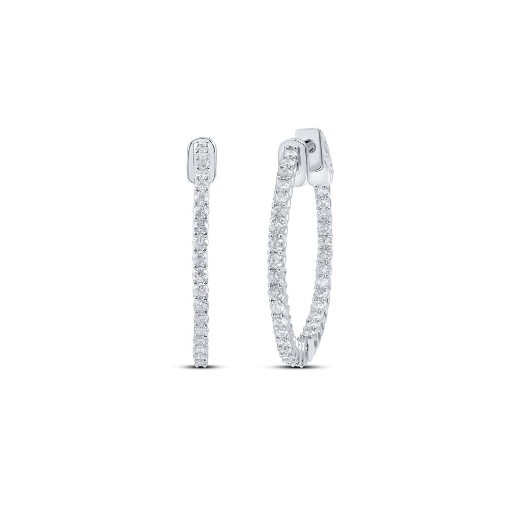 14kt White Gold Womens Round Diamond Inside Outside Hoop Earrings 2 Cttw