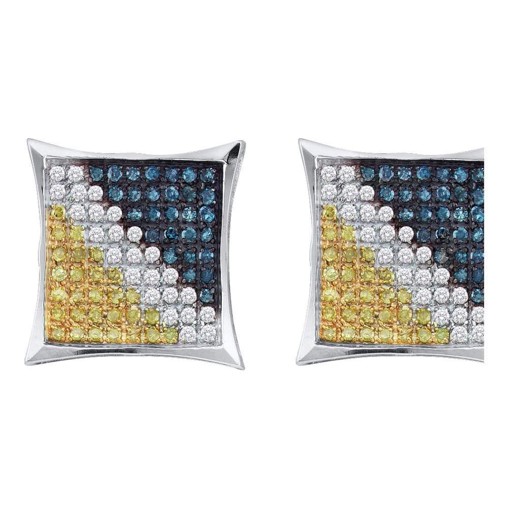Sterling Silver Mens Yellow Blue Color Enhanced Diamond Square Earrings 1/6 Cttw