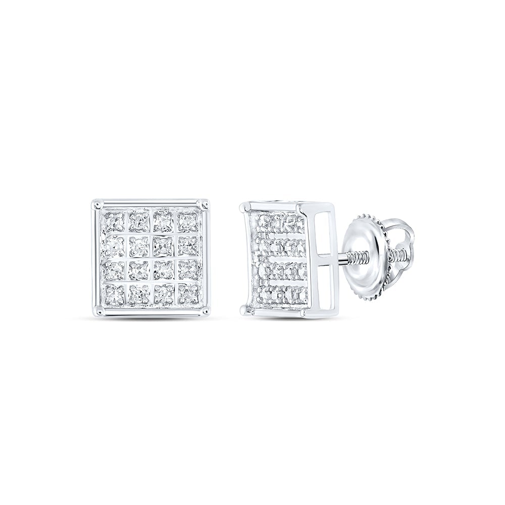 Sterling Silver Womens Round Diamond Square Cluster Earrings 1/10 Cttw