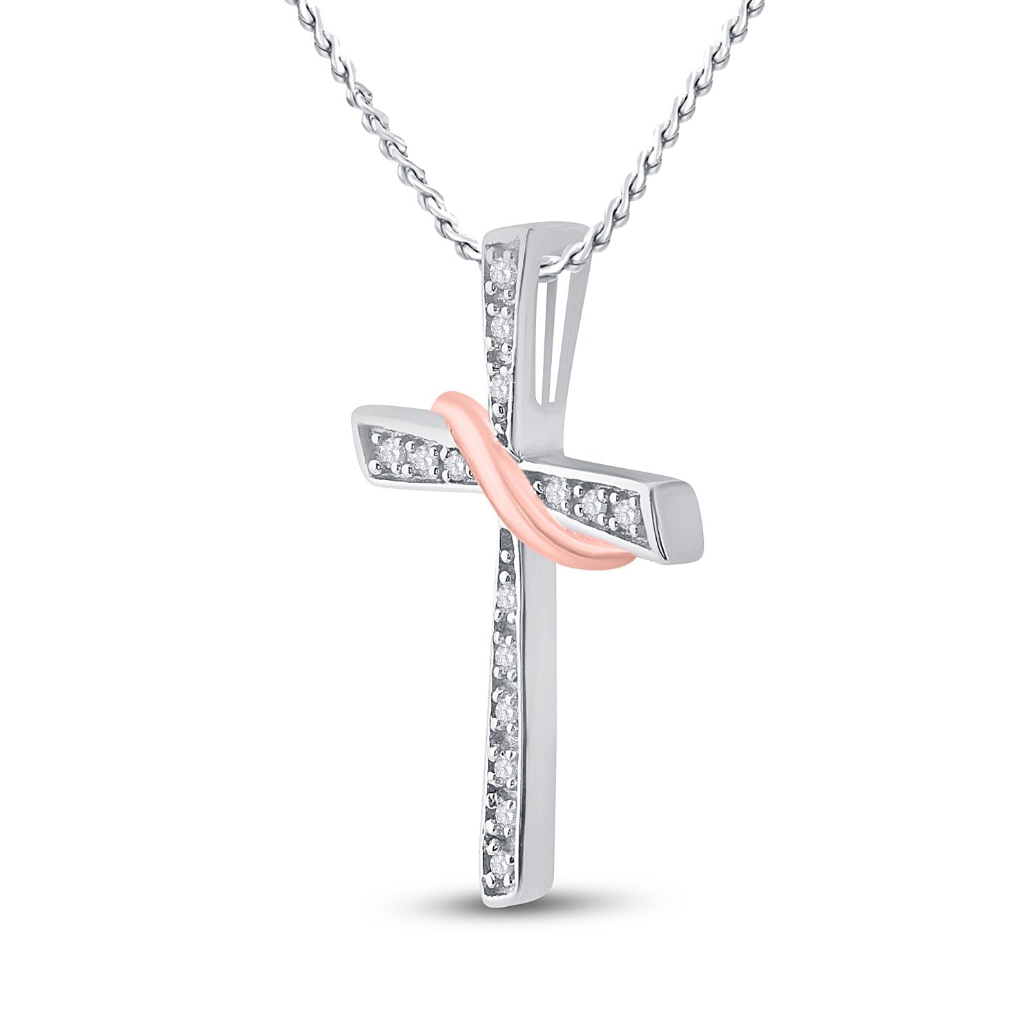 Two-tone Sterling Silver Womens Round Diamond Cross Pendant 1/20 Cttw