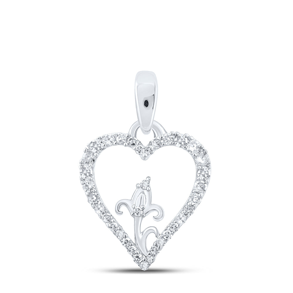 10kt White Gold Womens Round Diamond Flower Heart Pendant 1/8 Cttw