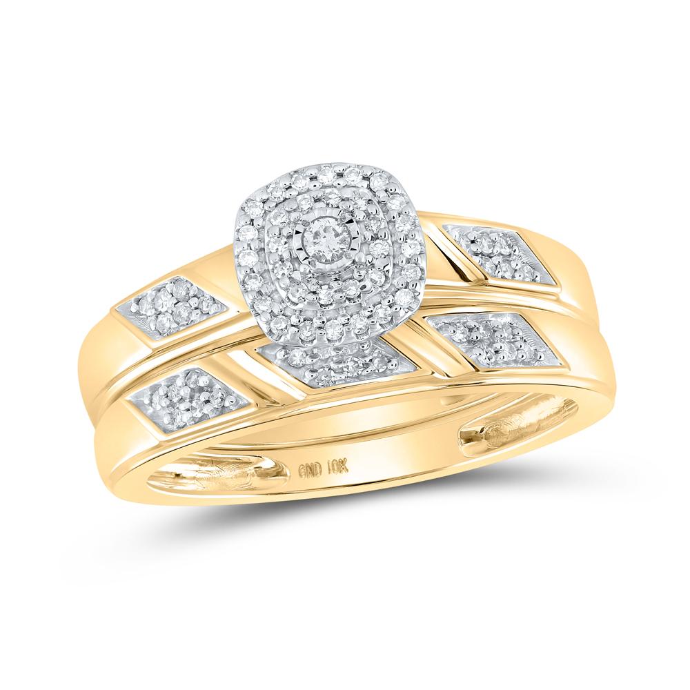 10kt Yellow Gold Round Diamond Halo Bridal Wedding Ring Band Set 1/6 Cttw