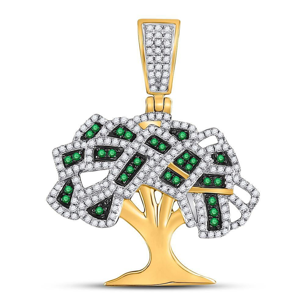 10kt Yellow Gold Mens Round Green Color Enhanced Diamond Money Tree Charm Pendant 3/4 Cttw