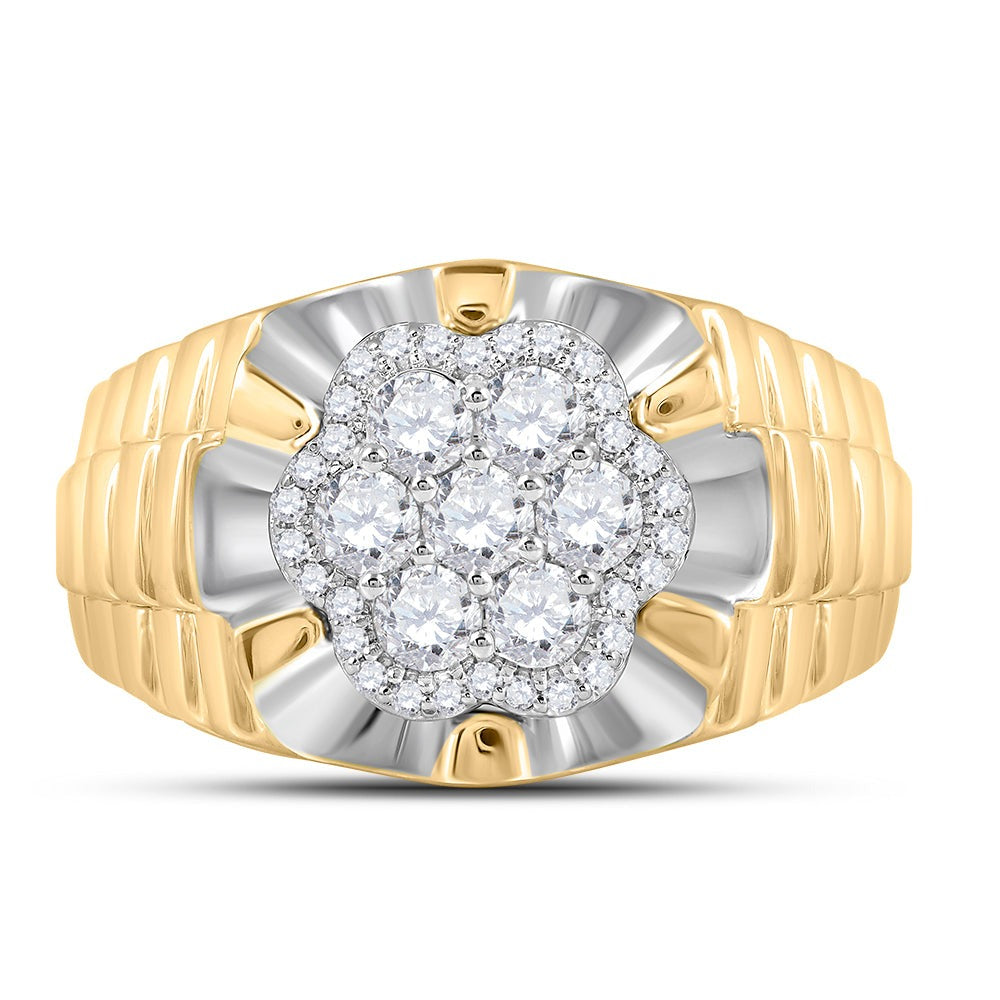 10kt Two-tone Yellow White Gold Mens Round Diamond Flower Cluster Ribbed Ring 1 Cttw