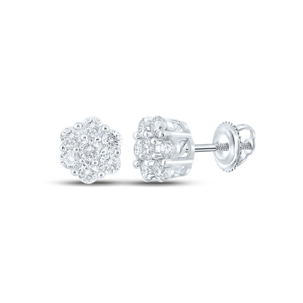 14kt White Gold Mens Round Diamond Flower Cluster Earrings 3/4 Cttw