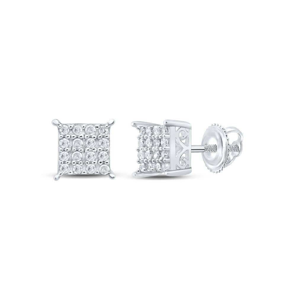 Sterling Silver Womens Round Diamond Square Earrings 1/10 Cttw