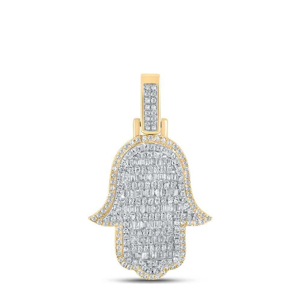 10kt Yellow Gold Mens Baguette Diamond Hamsa Charm Pendant 7/8 Cttw