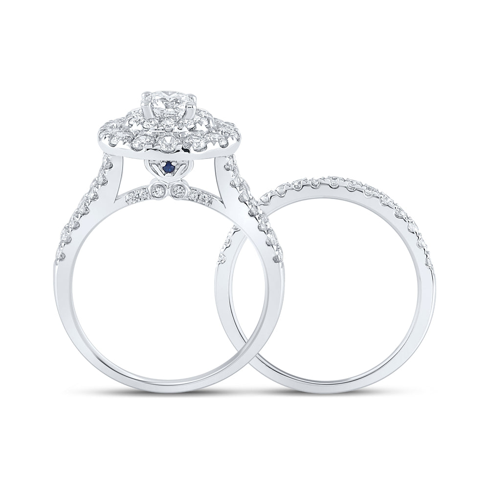 14kt White Gold Round Diamond Halo Bridal Wedding Ring Band Set 2 Cttw