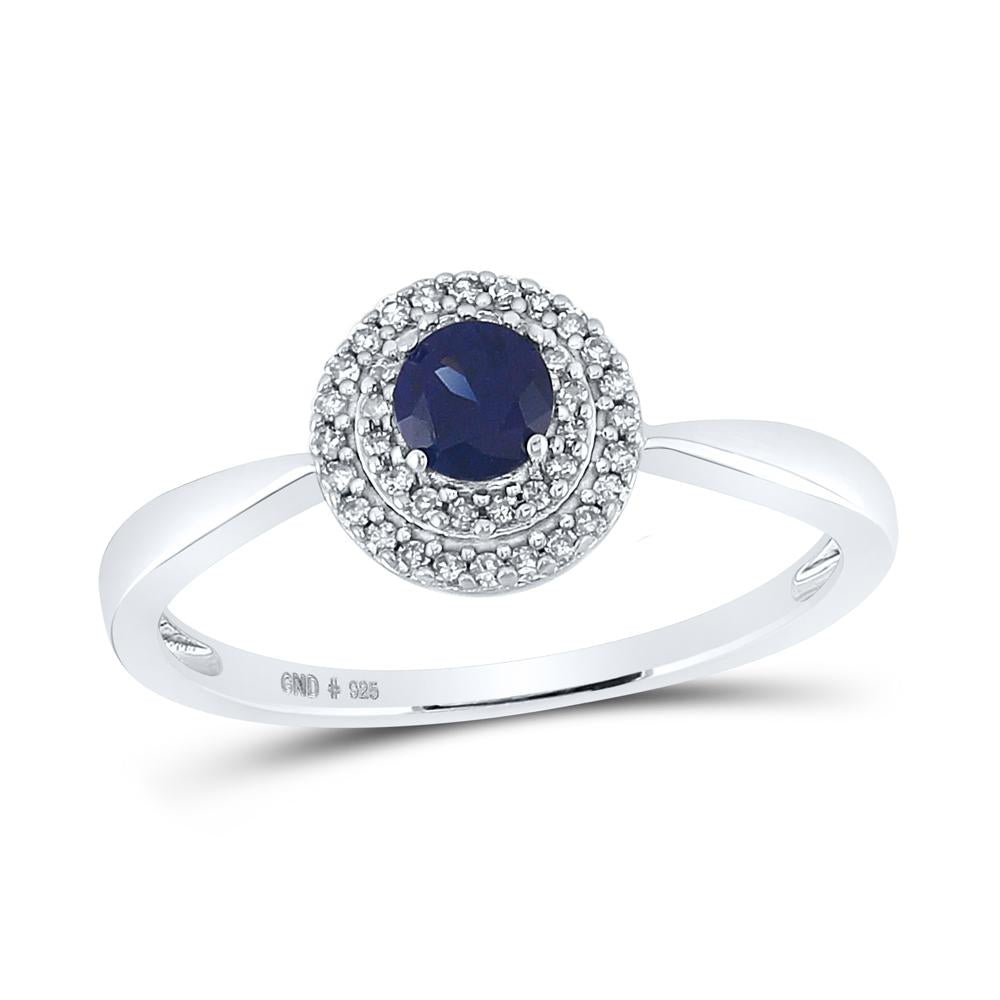 Sterling Silver Womens Round Lab-Created Blue Sapphire Diamond Solitaire Ring 1/3 Cttw