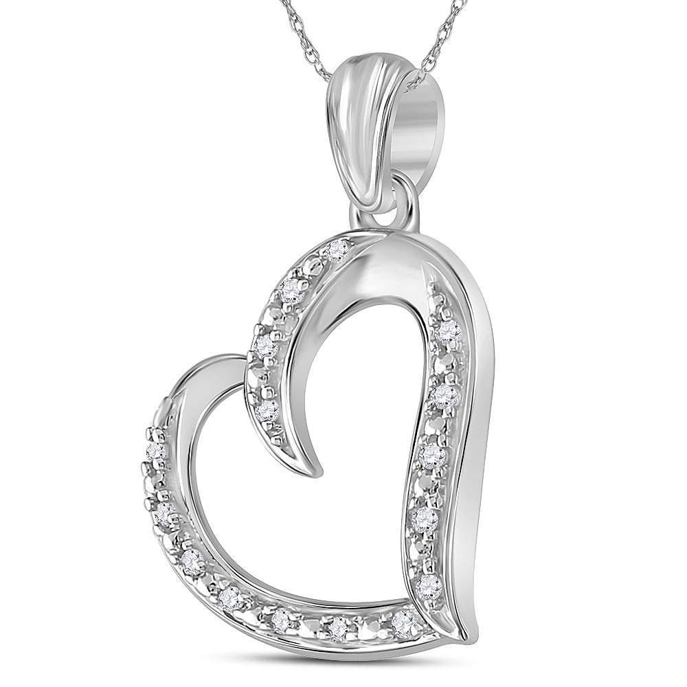 Sterling Silver Womens Round Diamond Heart Pendant 1/10 Cttw