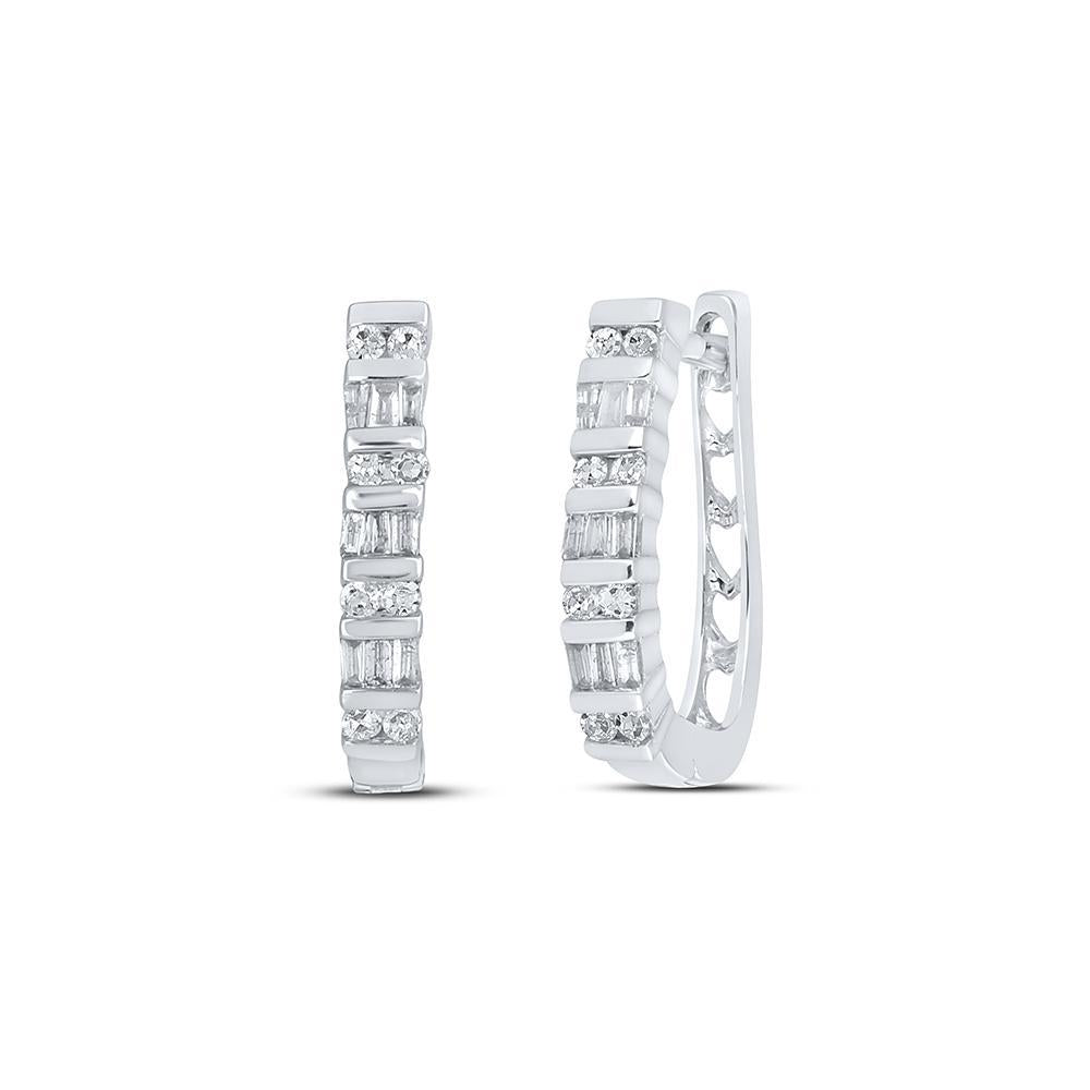 Sterling Silver Womens Baguette Round Diamond Hoop Earrings 1/4 Cttw