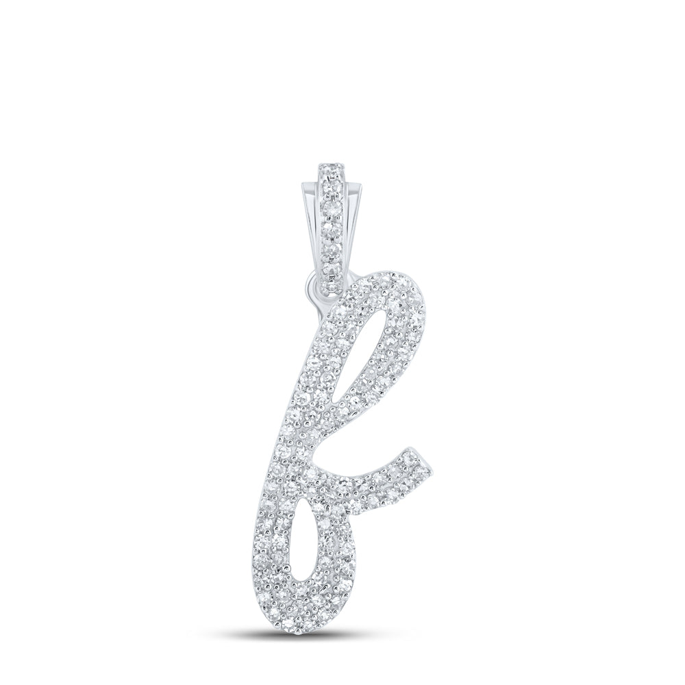 10kt White Gold Womens Round Diamond F Cursive Initial Letter Pendant 3/8 Cttw