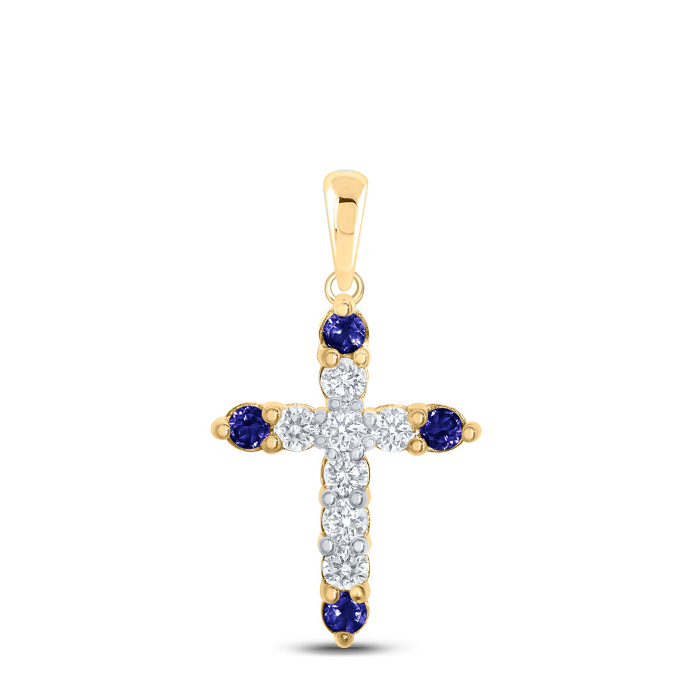 10kt Yellow Gold Womens Round Blue Sapphire Diamond Cross Pendant 1/2 Cttw