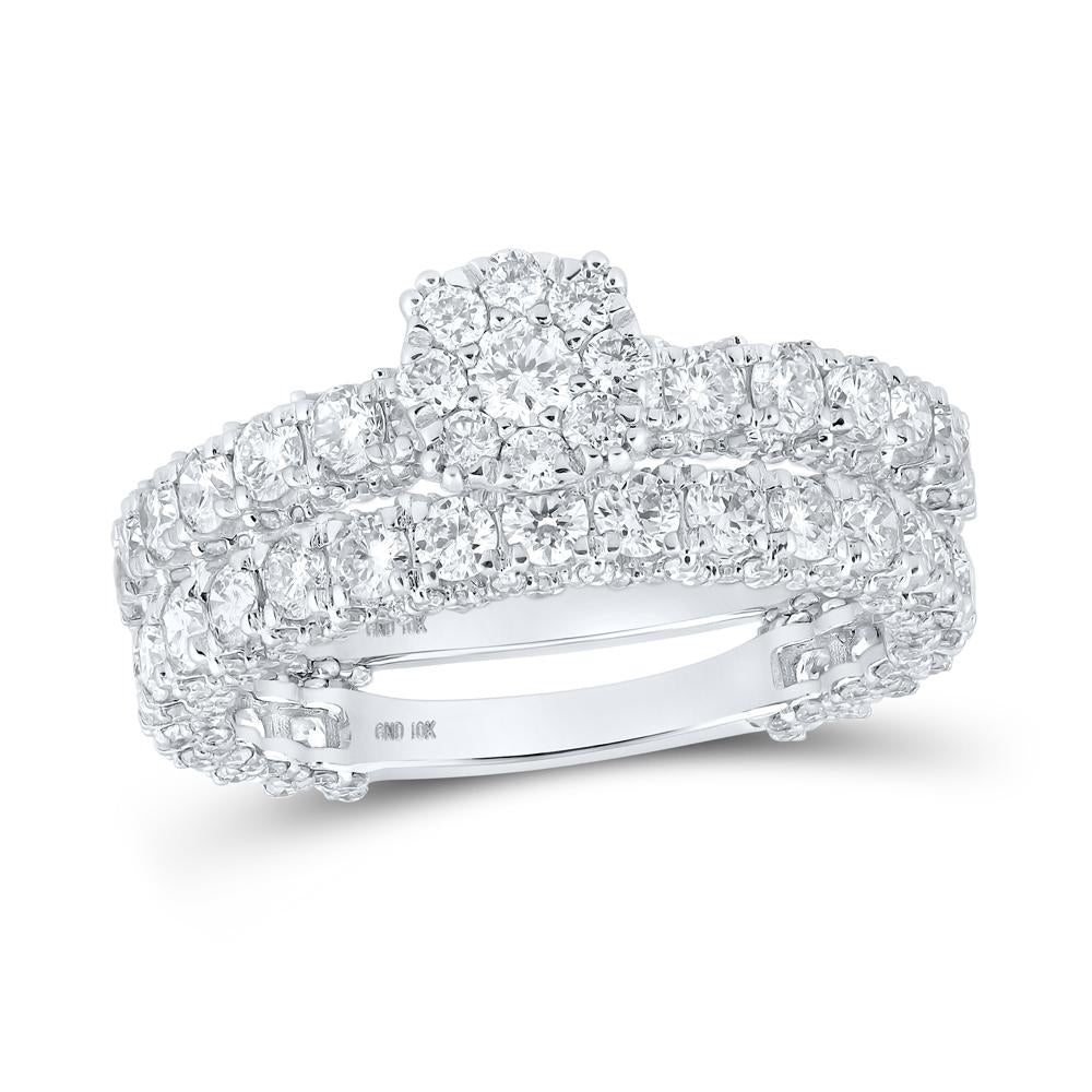 10kt White Gold Round Diamond Cluster Bridal Wedding Ring Band Set 3-1/4 Cttw
