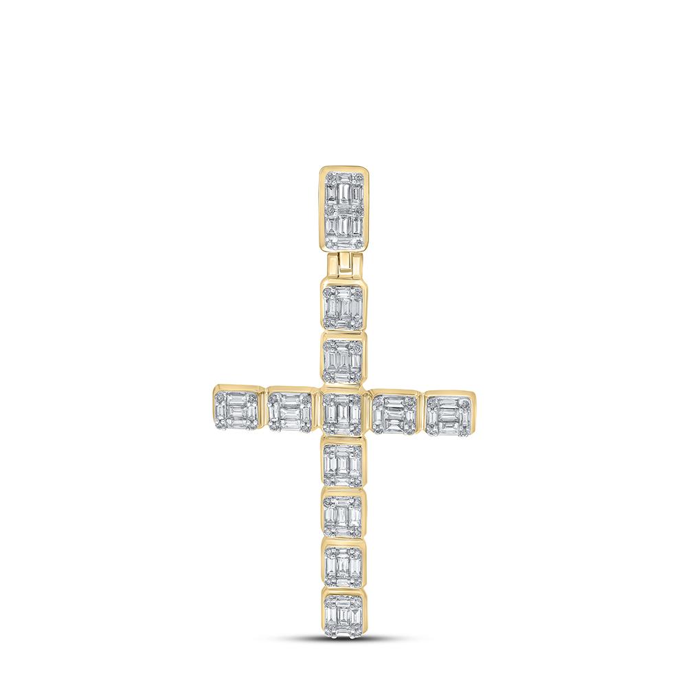 10kt Yellow Gold Mens Round Diamond Cross Charm Pendant 1-7/8 Cttw