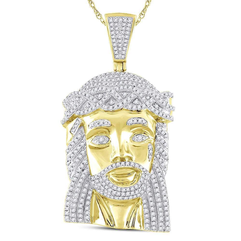 10kt Yellow Gold Mens Round Diamond Jesus Face Charm Pendant 1-5/8 Cttw