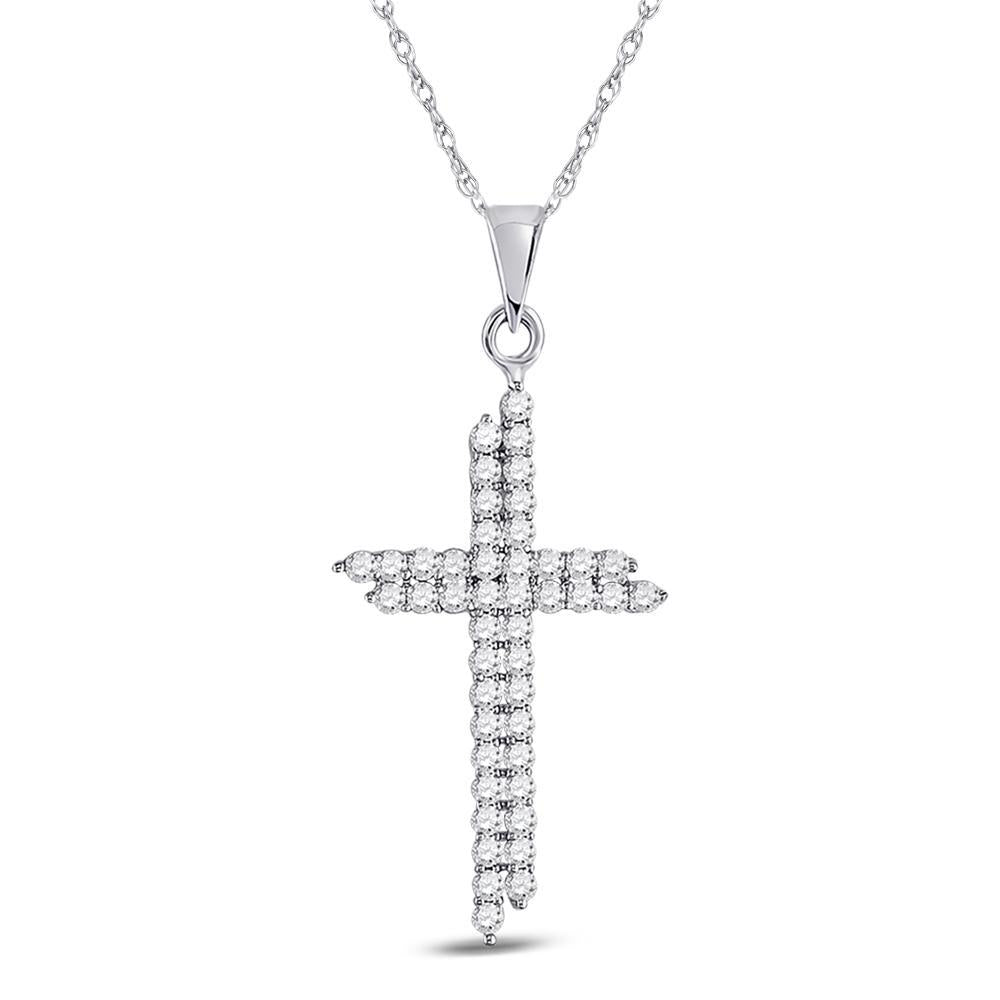 10kt White Gold Womens Round Diamond Asymmetric Cross Pendant 1/2 Cttw