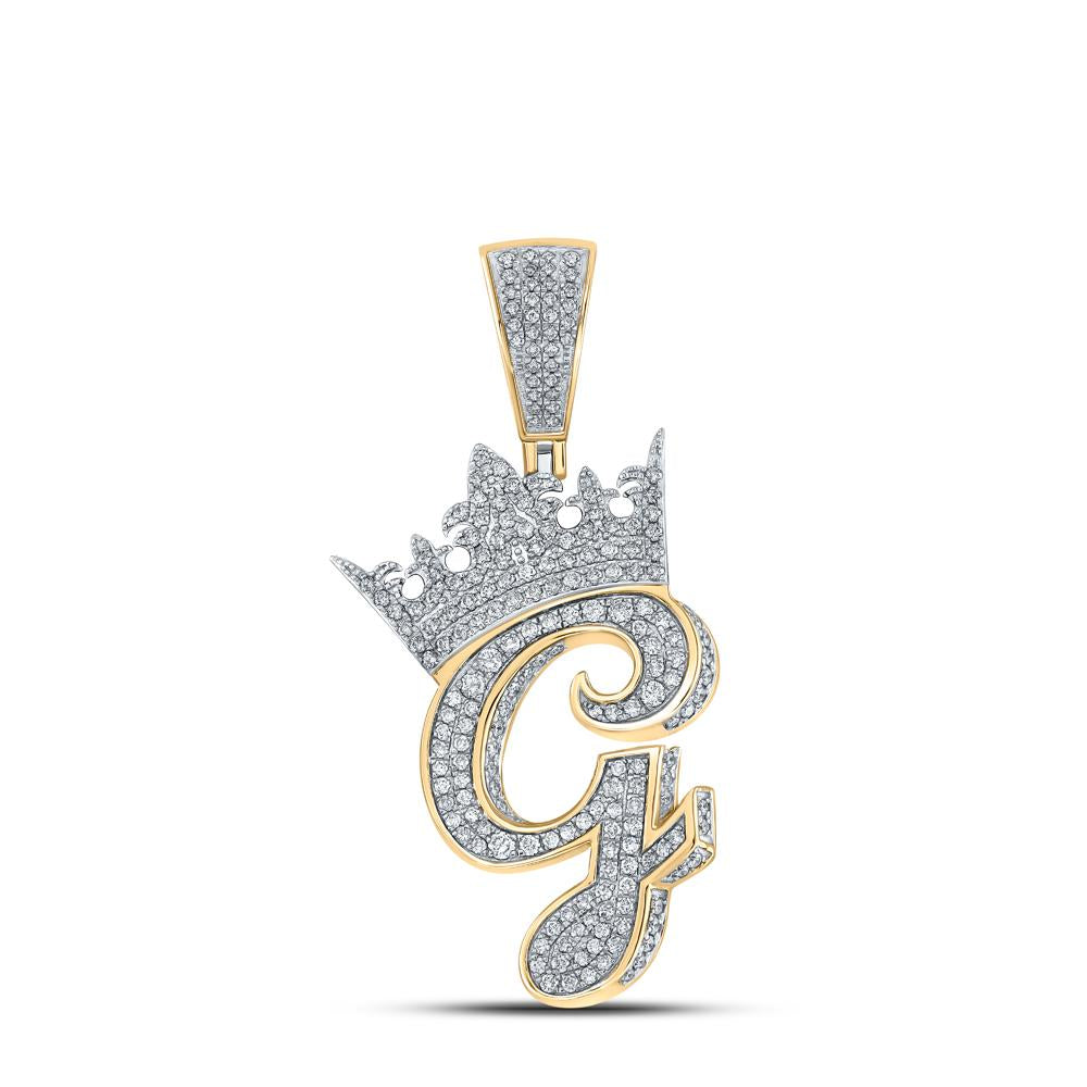 10kt Two-tone Gold Mens Round Diamond Crown G Letter Charm Pendant 1-3/8 Cttw