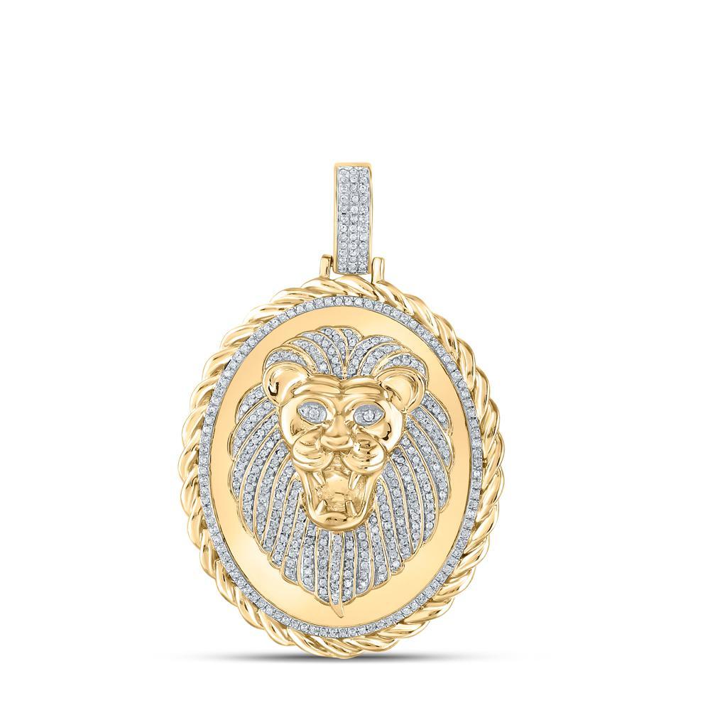 10kt Yellow Gold Mens Round Diamond Oval Lion Face Rope Charm Pendant 1 Cttw