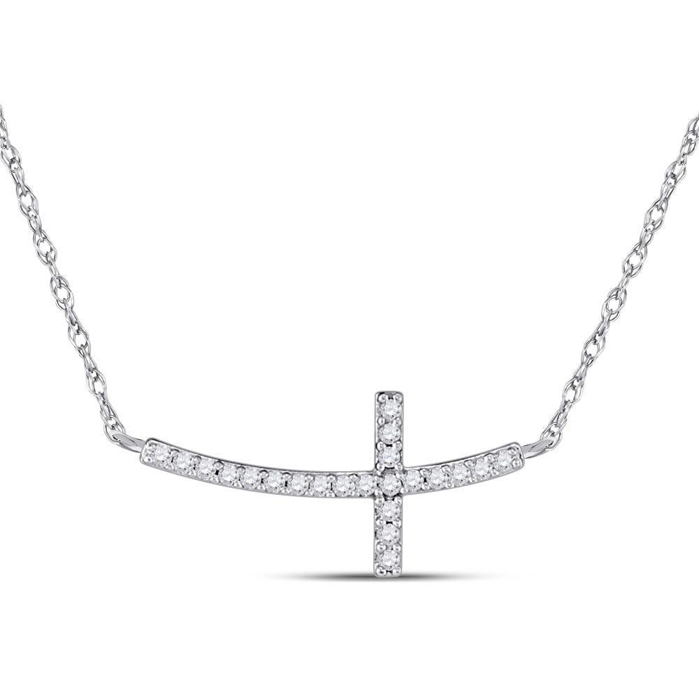 10kt White Gold Womens Round Diamond Horizontal Cross Necklace 1/20 Cttw