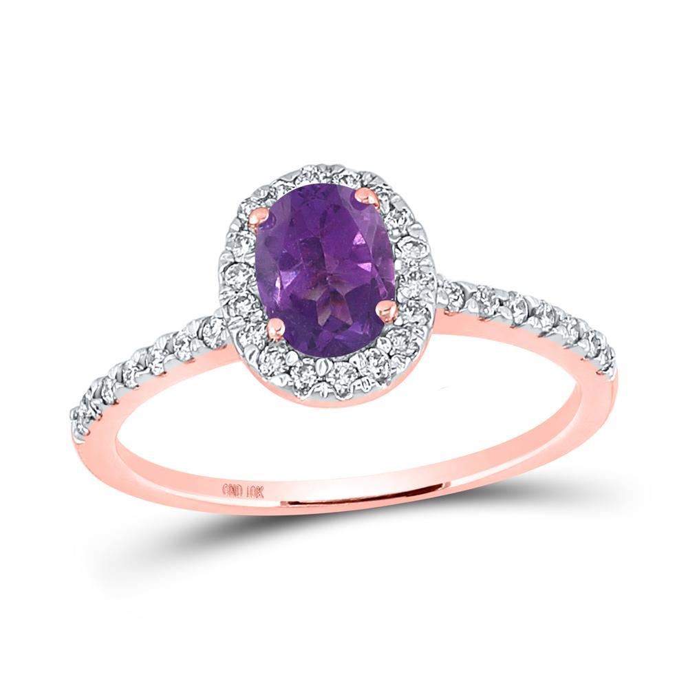 10kt Rose Gold Womens Oval Lab-Created Amethyst Solitaire Ring 1 Cttw