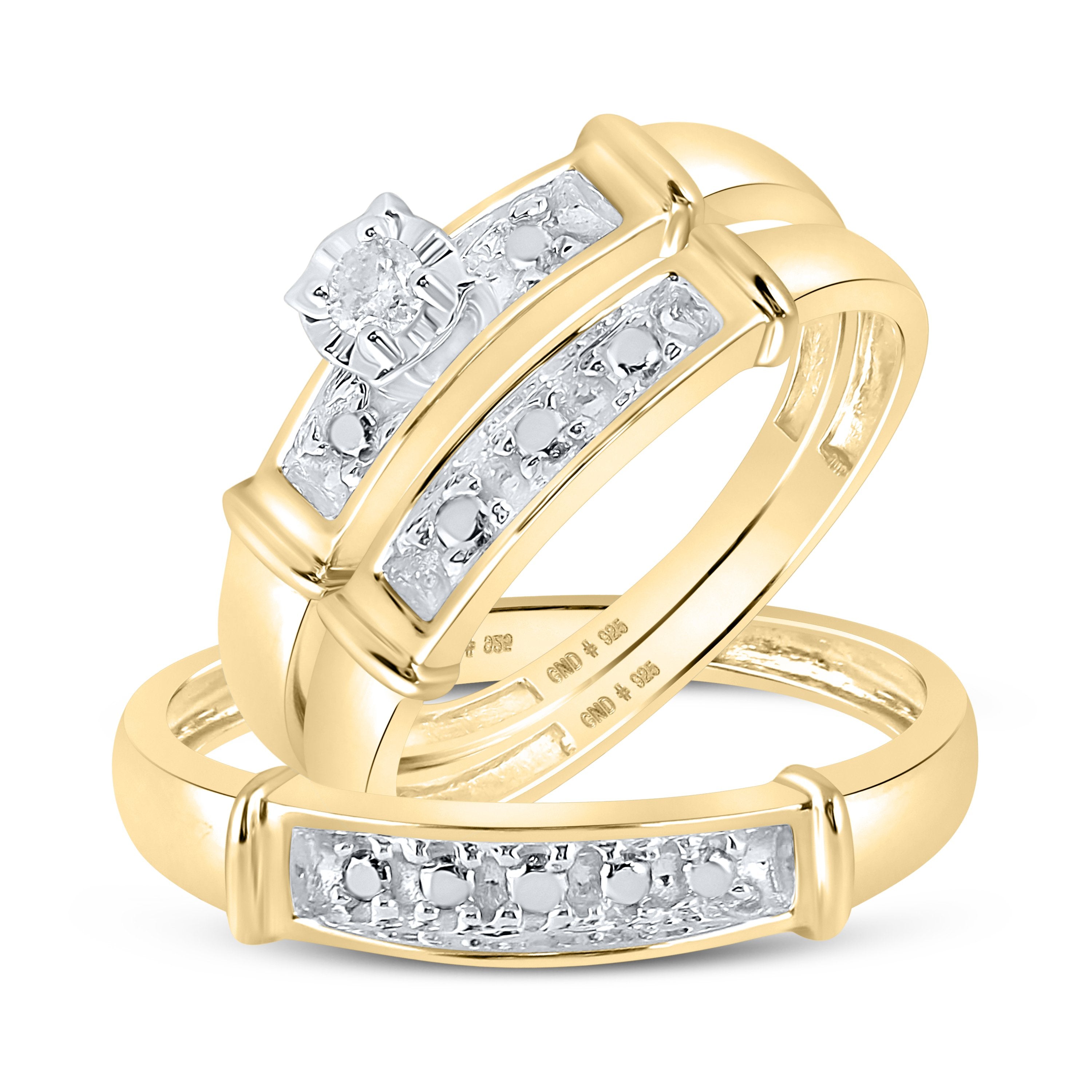 Yellow-tone Sterling Silver His Hers Round Diamond Matching Wedding Set 1/20 Cttw