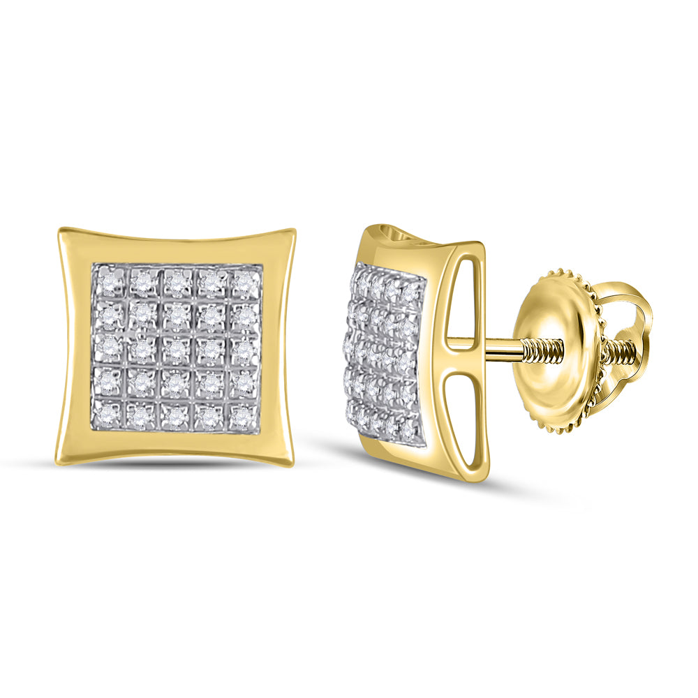 10kt Yellow Gold Mens Round Diamond Square Kite Cluster Earrings 1/8 Cttw