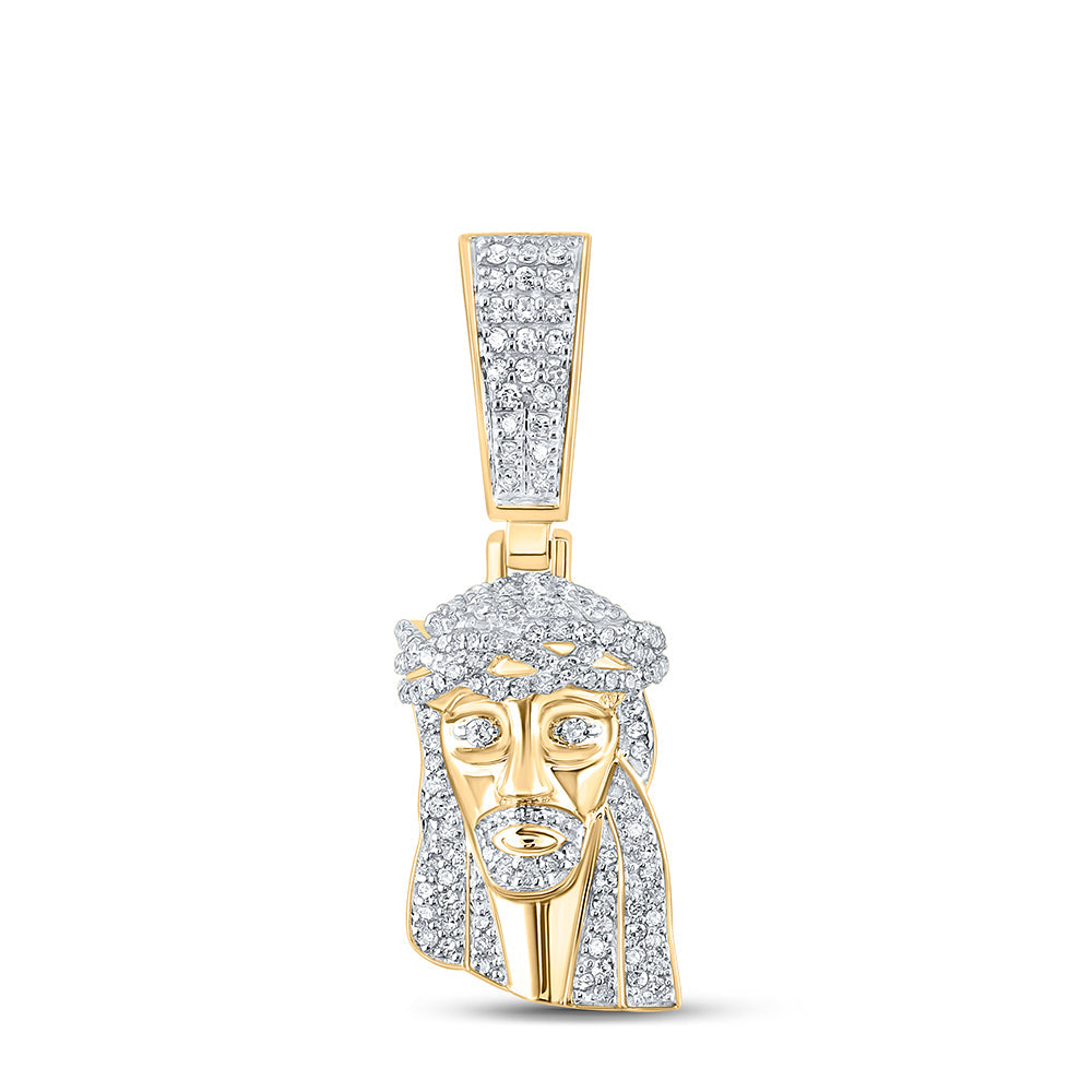 14kt Yellow Gold Mens Round Diamond Jesus Face Charm Pendant 1/2 Cttw