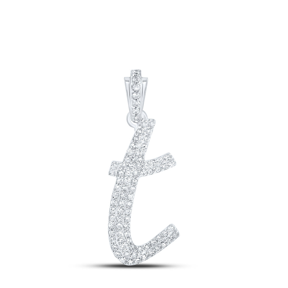 10kt White Gold Womens Round Diamond T Cursive Initial Letter Pendant 1/3 Cttw