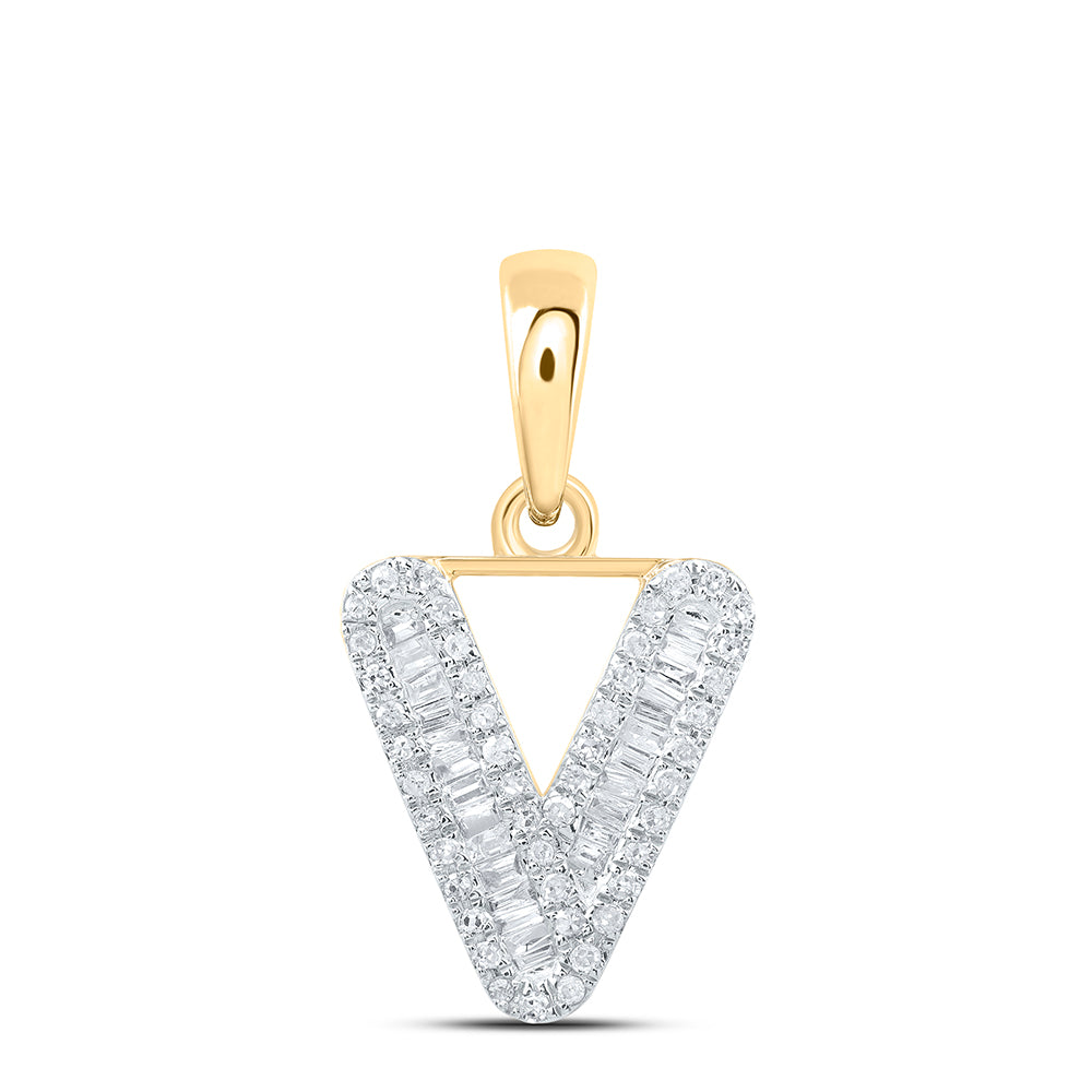 10kt Yellow Gold Womens Baguette Diamond V Initial Letter Pendant 1/4 Cttw
