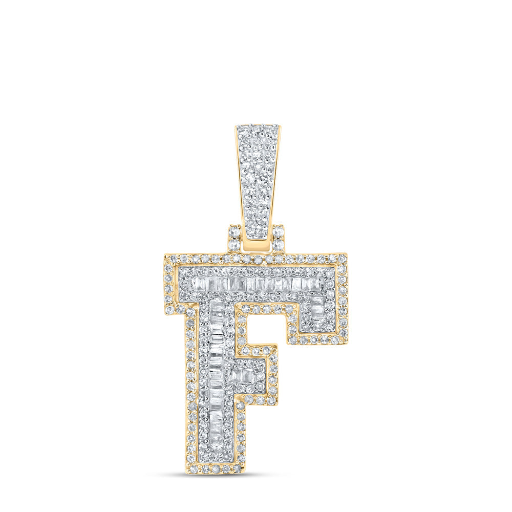 10kt Yellow Gold Mens Baguette Diamond F Initial Letter Charm Pendant 1/2 Cttw