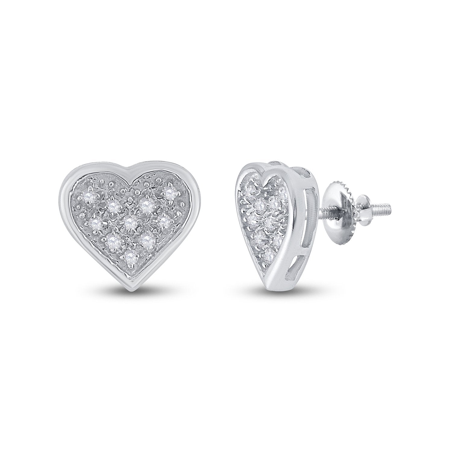 Sterling Silver Womens Round Diamond Heart Earrings 1/20 Cttw