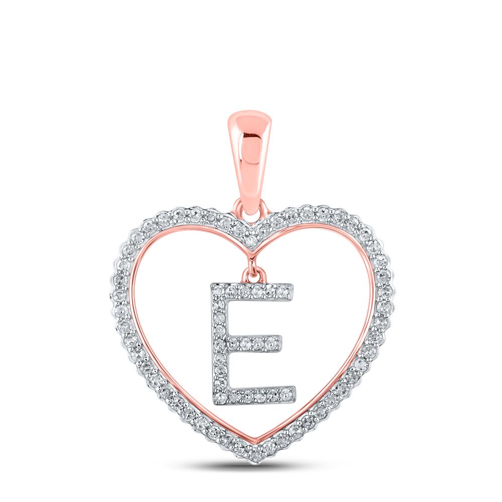 10kt Rose Gold Womens Round Diamond Heart E Letter Pendant 1/4 Cttw